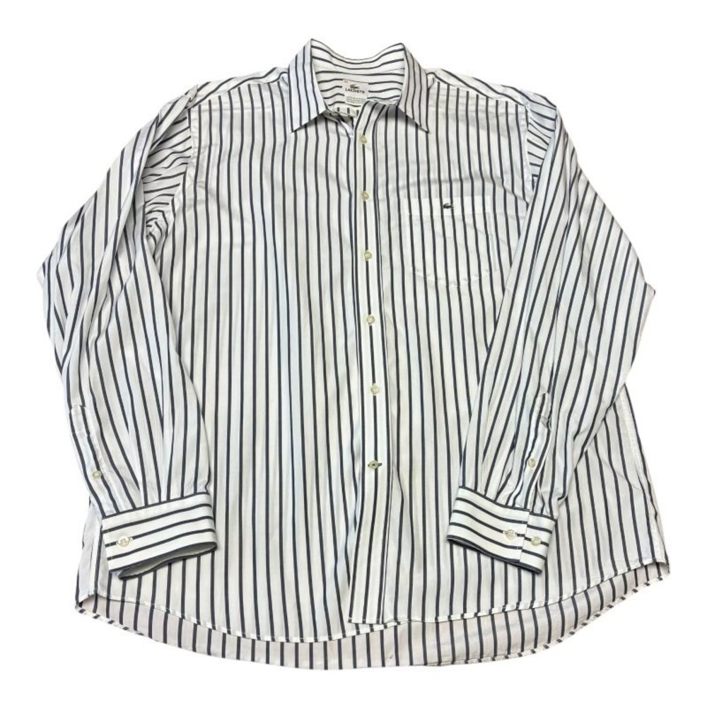 Lacoste Button Down Shirt Adult 44 US XL White Green Striped Crocodile Logo Mens